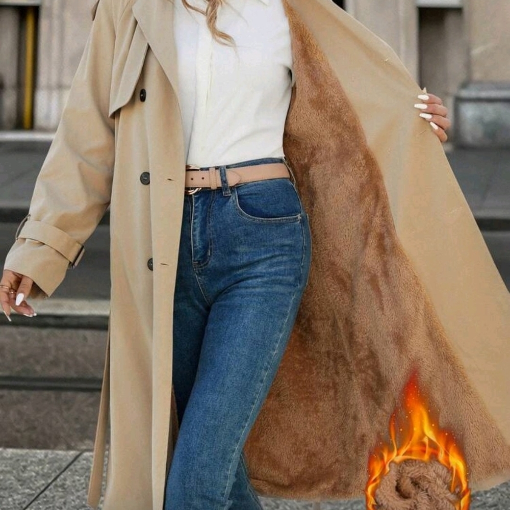 SHEIN Tan Trench Coat with Faux Fur Lining